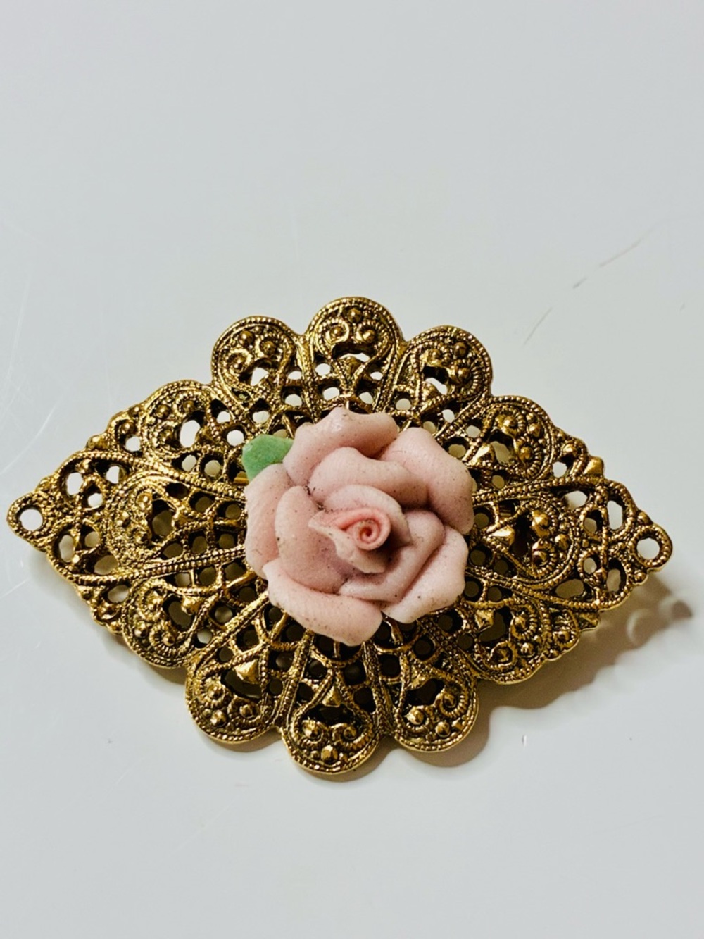 VTG Gold Filigree Brooch with Pink Porcelain Rose Accent